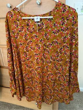 CAbi Olive Mustard Floral Top with Pink & Black Spots